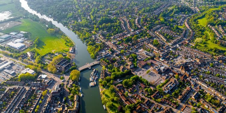 Aerial view of Caversham, a suburb of Reading, England, located directly north of the town centre across the River Thames By Alexey Fedorenko