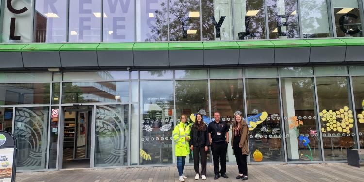 L-R Renia Kotynia (CEC), Sarah Cockerill, Paul Cartright (CEC) and Rebecca McNamara outside the Crewe Lifestyle building.