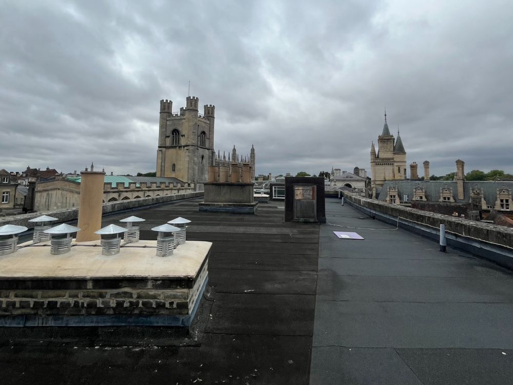 The rooftop across the road from Gonville and Caius College old courts, where experts propose the installation of air source heat pumps.