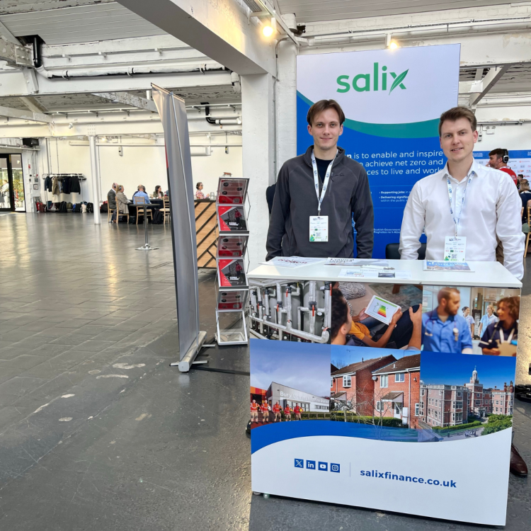 From left: Jack Waugh from the allocations team with senior programme manager Liam Gillard at our exhibitor stand. Credit: Salix Finance.