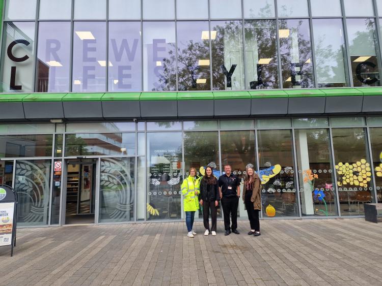 L-R Renia Kotynia (CEC), Sarah Cockerill, Paul Cartright (CEC) and Rebecca McNamara outside the Crewe Lifestyle building.